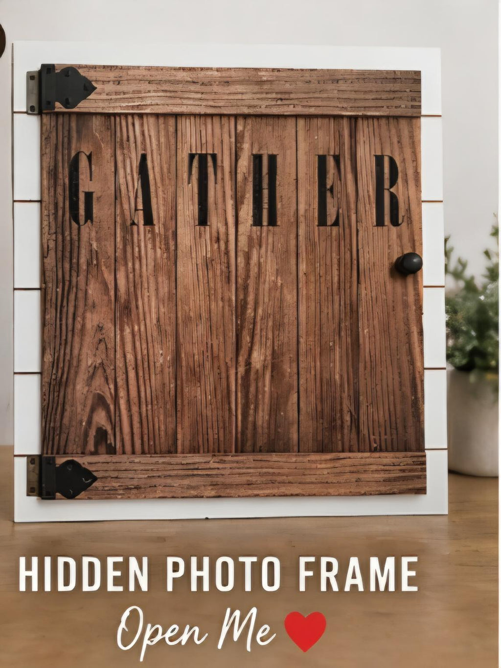Rustic Wood Hidden Photo Frame – “Gather Together” Farmhouse Family Decor