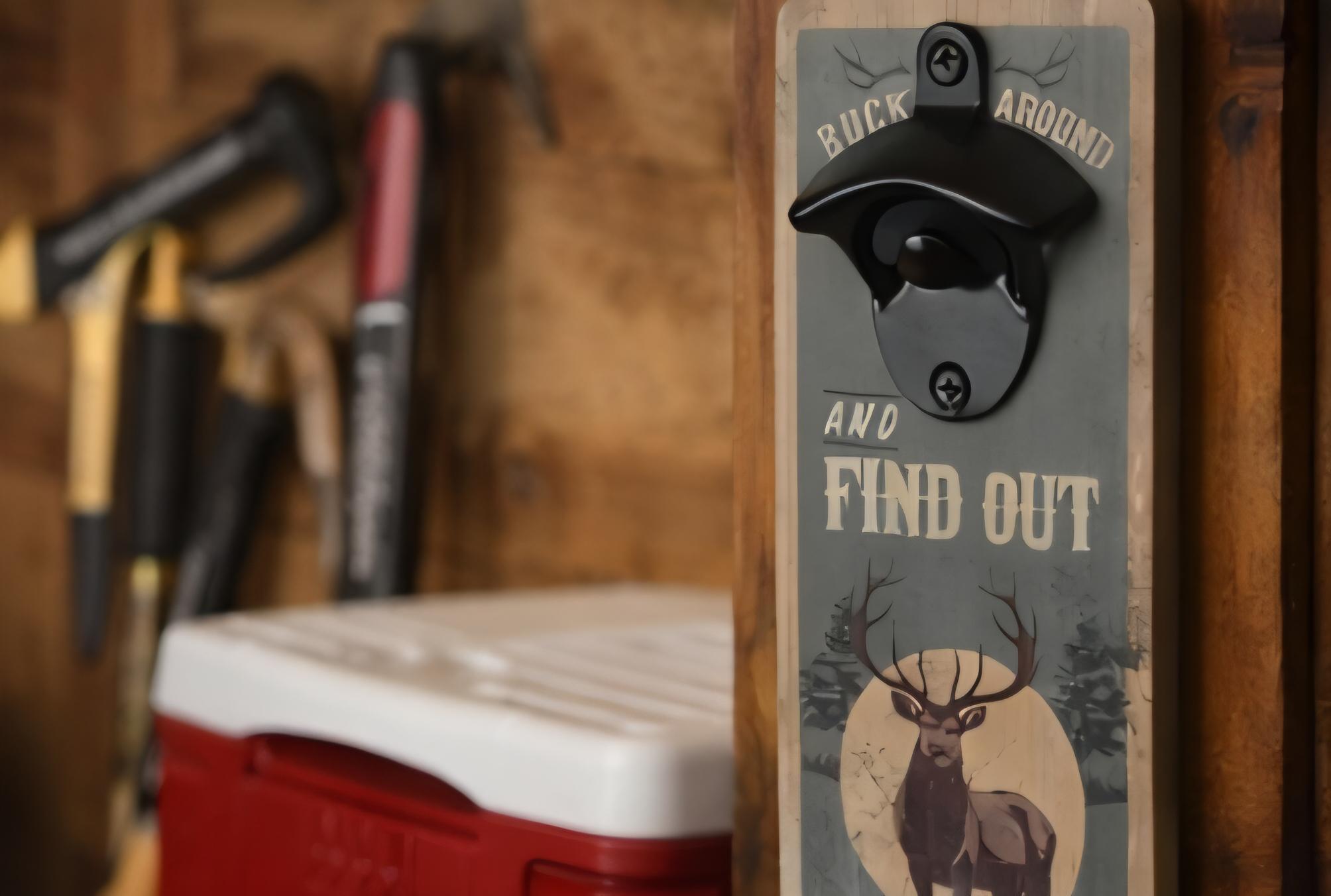 Rustic Deer Buck Wall Mounted Bottle Opener | Wood Cabin Bar Decor