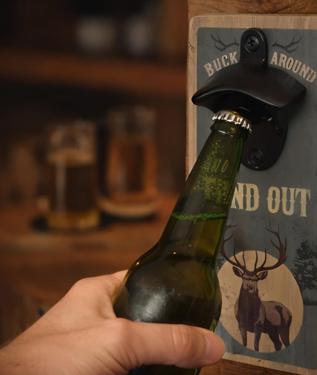 Rustic Deer Buck Wall Mounted Bottle Opener | Wood Cabin Bar Decor
