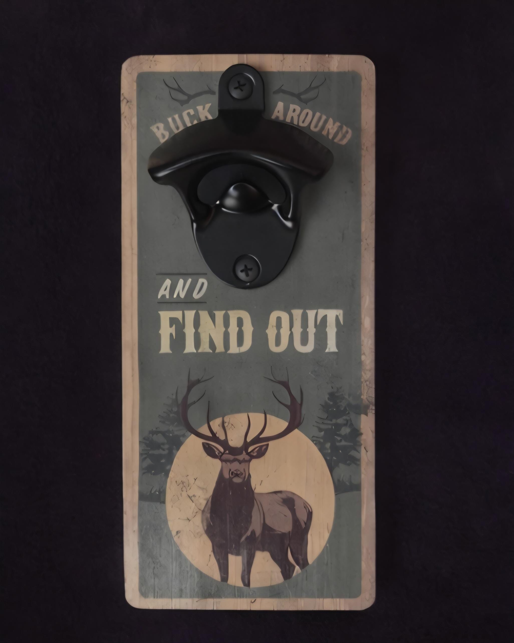 Rustic Deer Buck Wall Mounted Bottle Opener | Wood Cabin Bar Decor