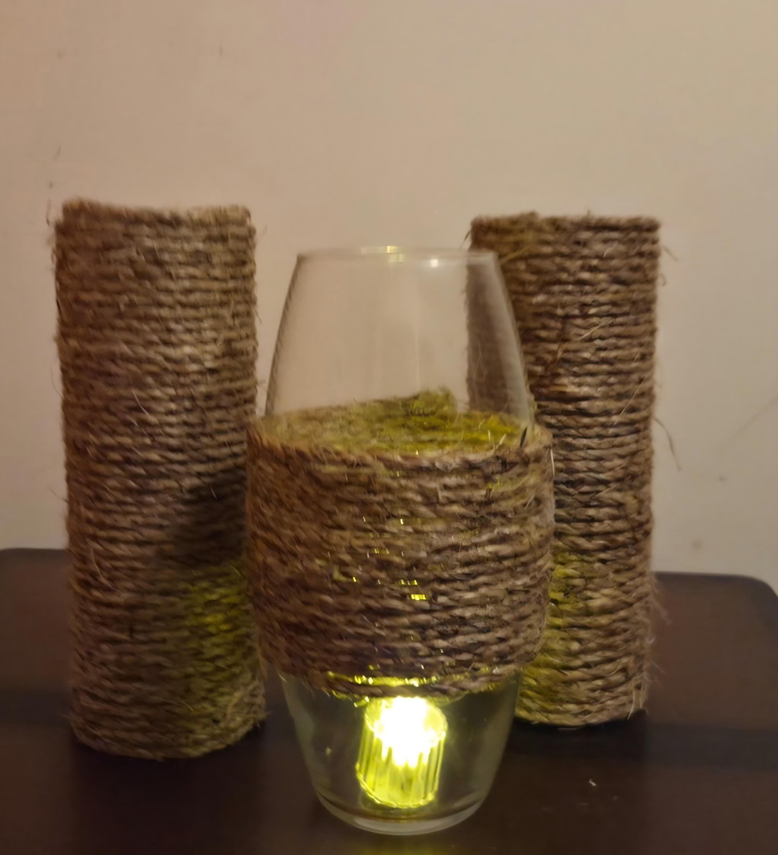 Set of 3 Twine Wrapped Glass Vases | Rustic Farmhouse Jute Rope Decor
