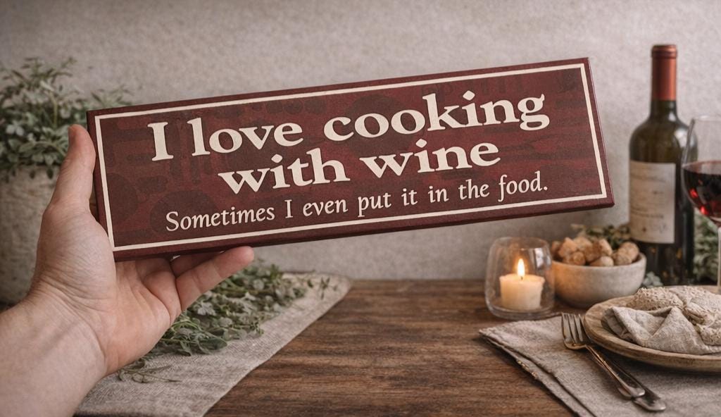 Funny Cooking With Wine Kitchen Sign | Rustic Farmhouse Wall Art
