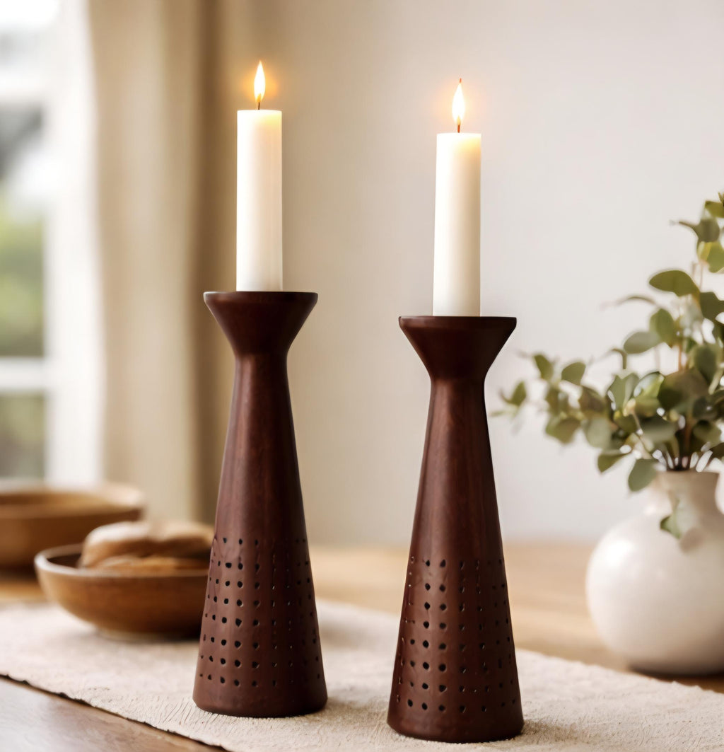Modern Rustic Wooden Candle Holders | Tapered Farmhouse Table Centerpiece (Set of 2)