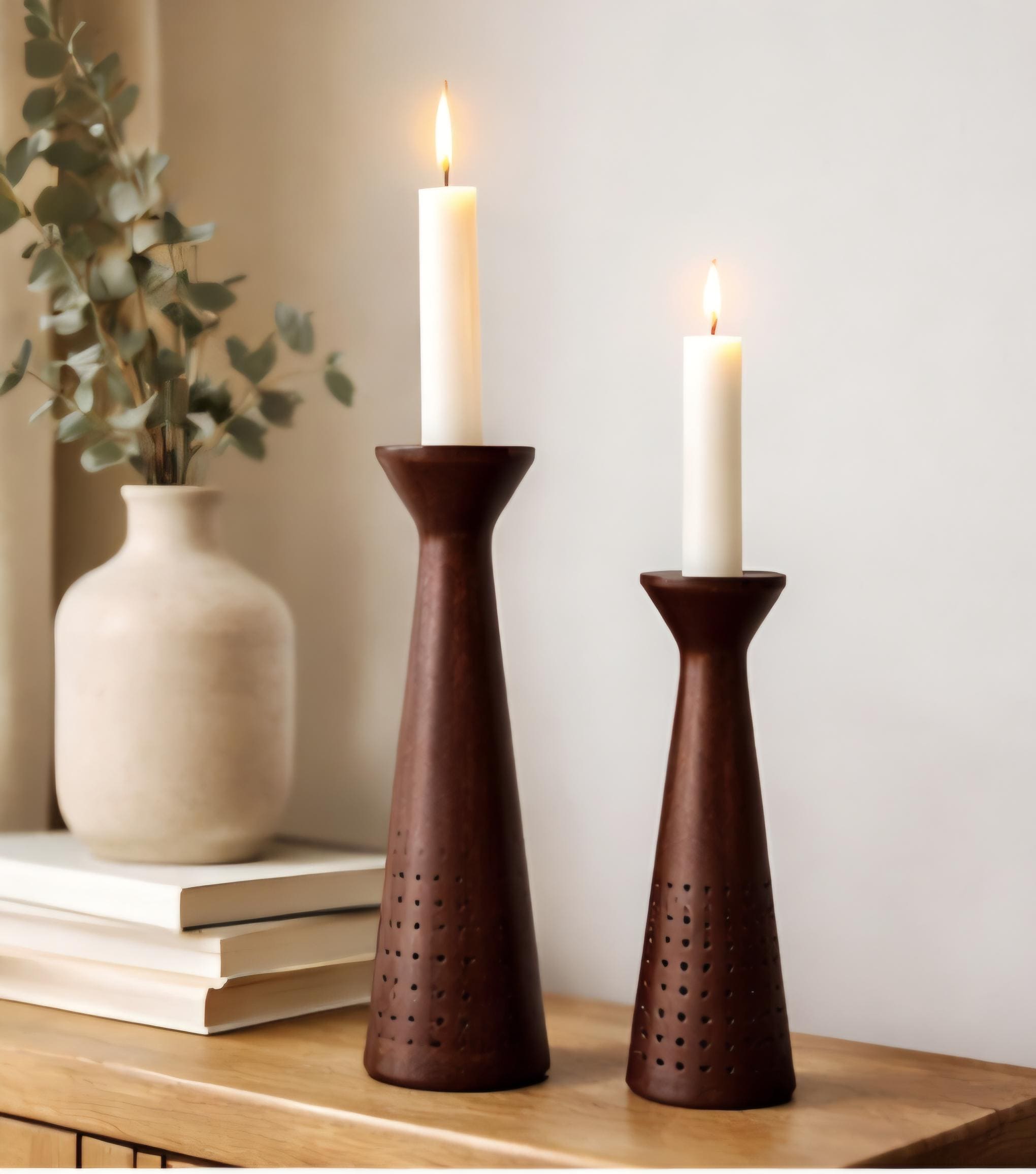Modern Rustic Wooden Candle Holders | Tapered Farmhouse Table Centerpiece (Set of 2)