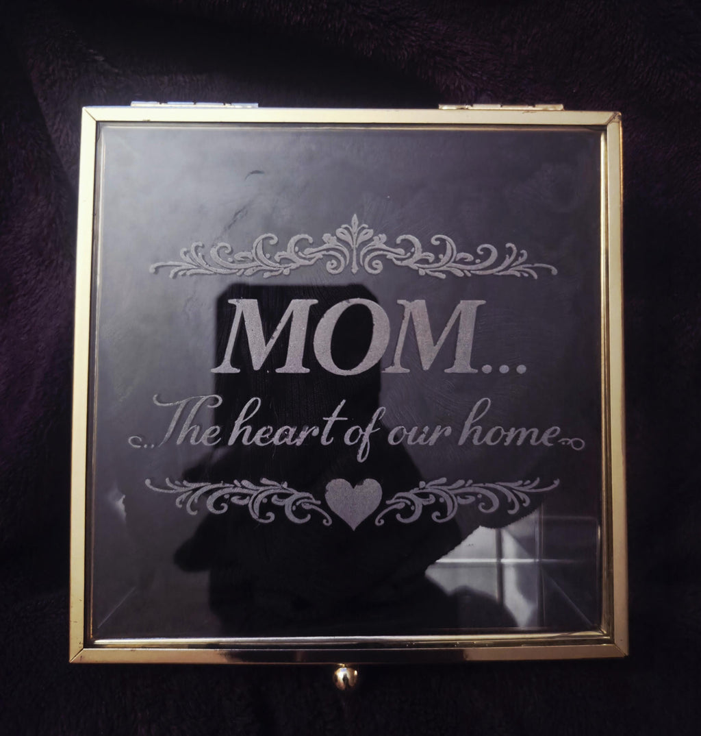 Engraved Glass Keepsake Box for Mom – “The Heart of Our Home” – 5x5 Memory Box