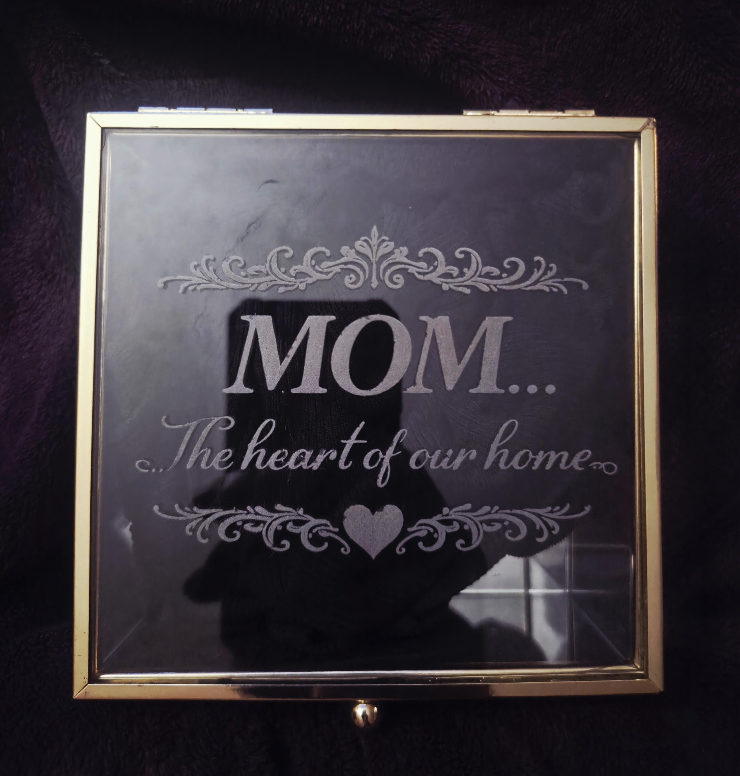Engraved Glass Keepsake Box for Mom – “The Heart of Our Home” – 5x5 Memory Box