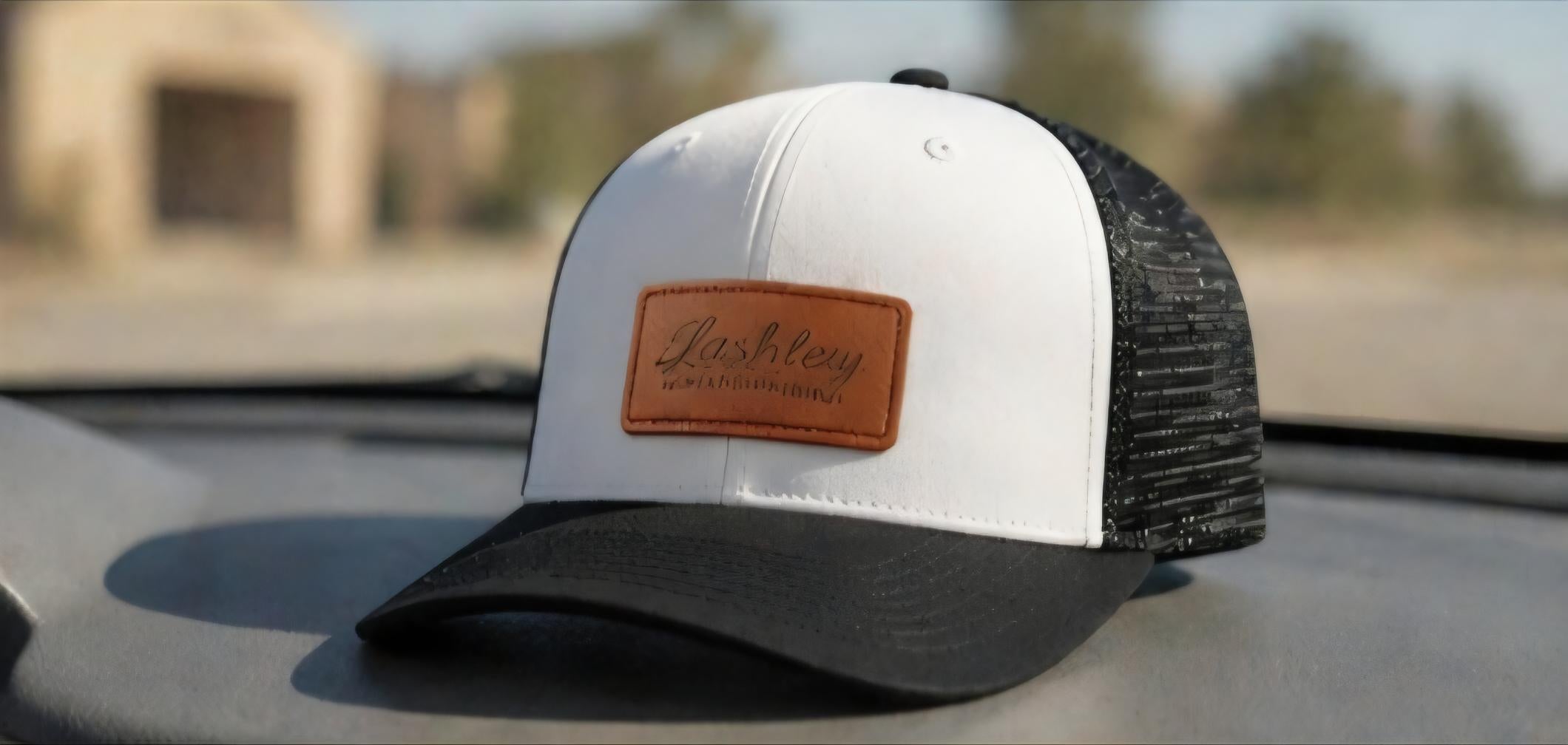 Custom Leather Patch Trucker Hat | Engraved Name, Logo, Text | Pink, Red, Black, Tan