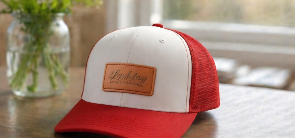Custom Leather Patch Trucker Hat | Engraved Name, Logo, Text | Pink, Red, Black, Tan