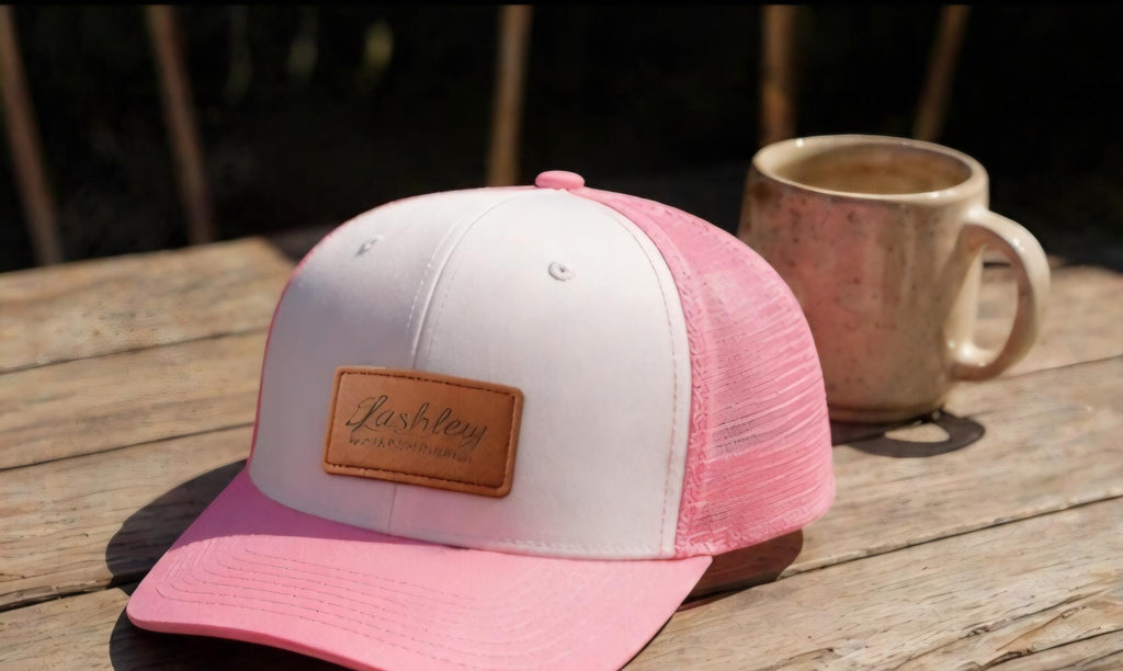 Custom Leather Patch Trucker Hat | Engraved Name, Logo, Text | Pink, Red, Black, Tan
