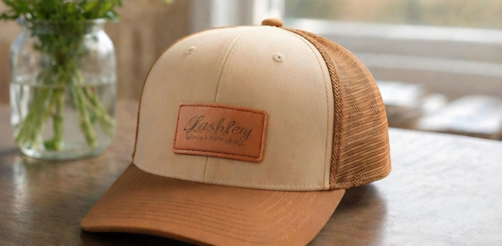 Custom Leather Patch Trucker Hat | Engraved Name, Logo, Text | Pink, Red, Black, Tan