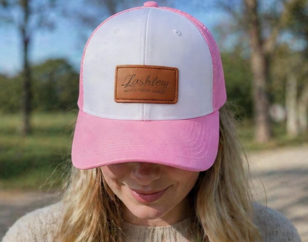 Custom Leather Patch Trucker Hat | Engraved Name, Logo, Text | Pink, Red, Black, Tan