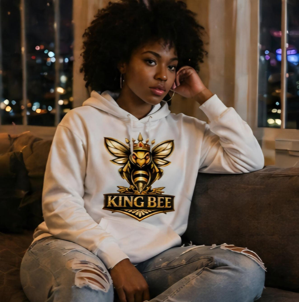 King Bee Hoodie White – Gold Crown Bee Logo Pullover – Luxury Streetwear Statement