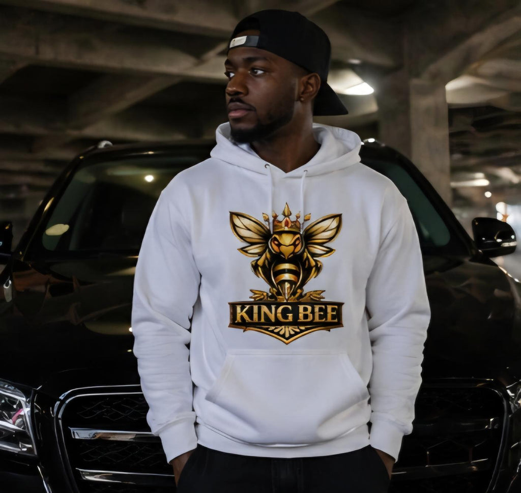 King Bee Hoodie White – Gold Crown Bee Logo Pullover – Luxury Streetwear Statement