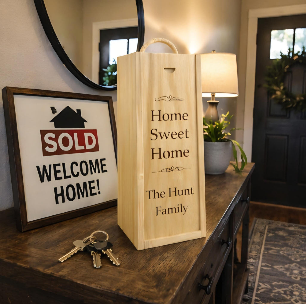 Custom Engraved Wood Wine Box | Realtor Closing Gift, Housewarming Present