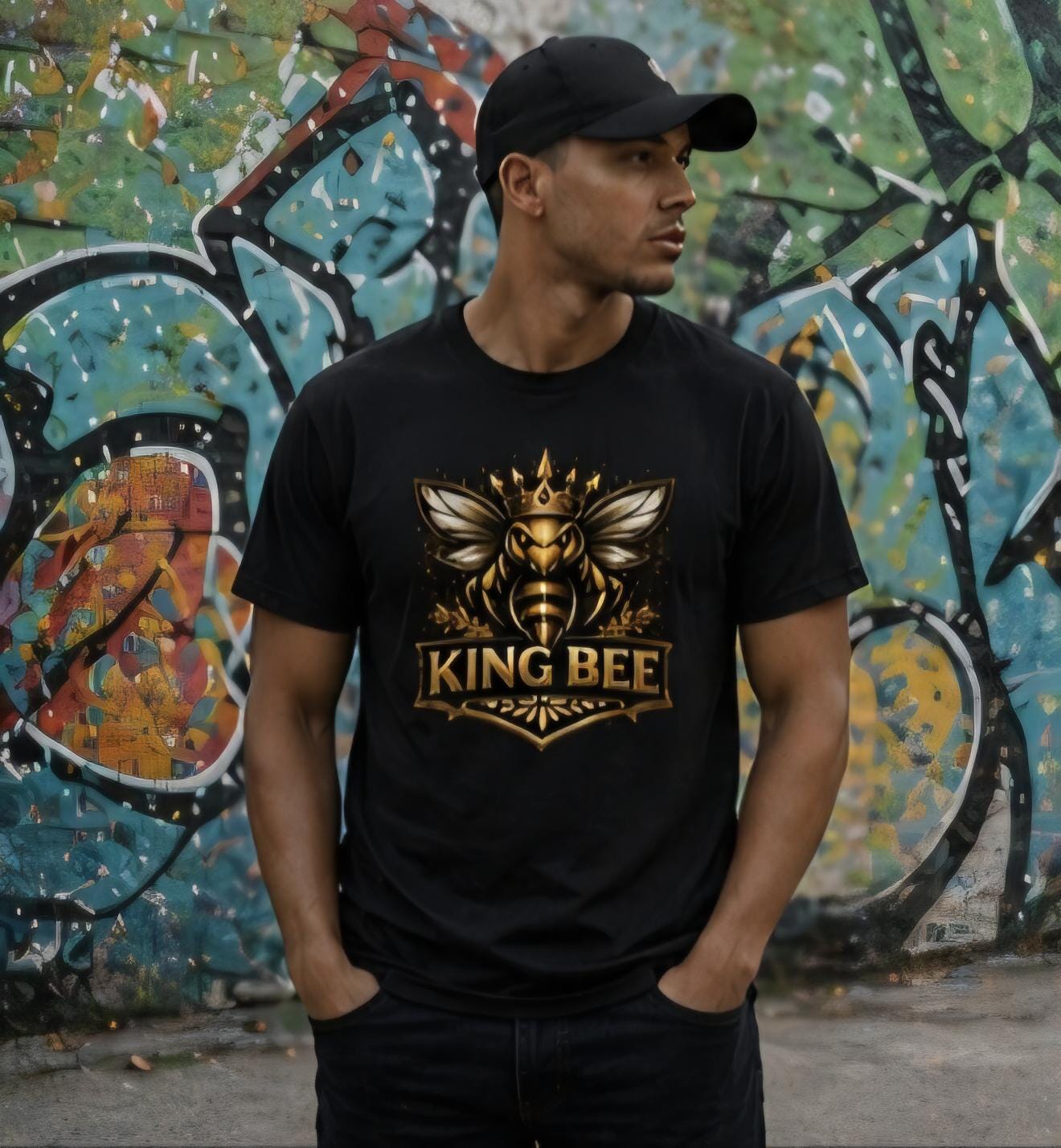 King Bee Graphic T Shirt | Gold Bee Crown Shirt | Streetwear Tee | Unisex Black Shirt | Urban Fashion | Gift for Him Her | Hive Mentality Sh