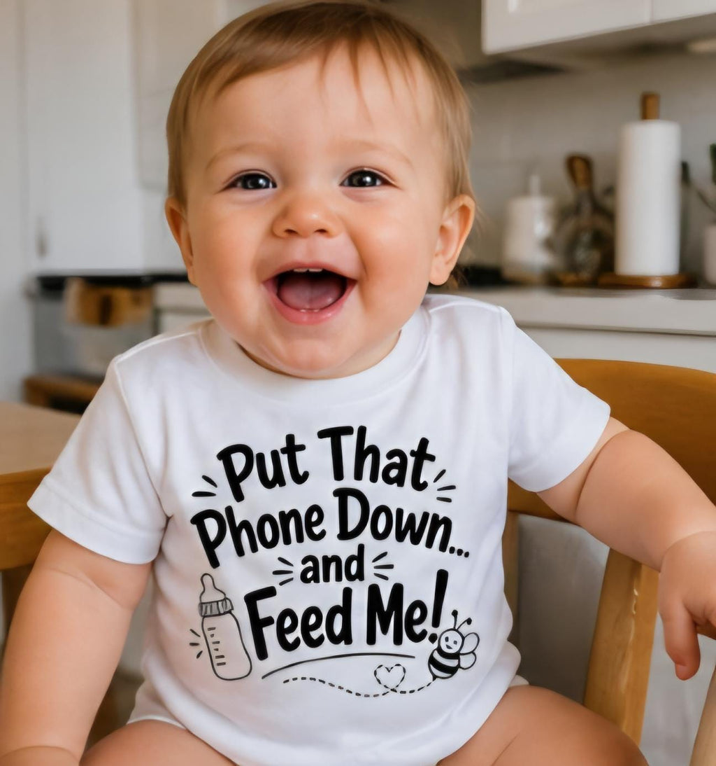 Funny Baby Shirt – Put That Phone Down and Feed Me – Cute Baby Onesie – New Parent Gift – Baby Humor Shirt – Infant Bodysuit – Little Hive C