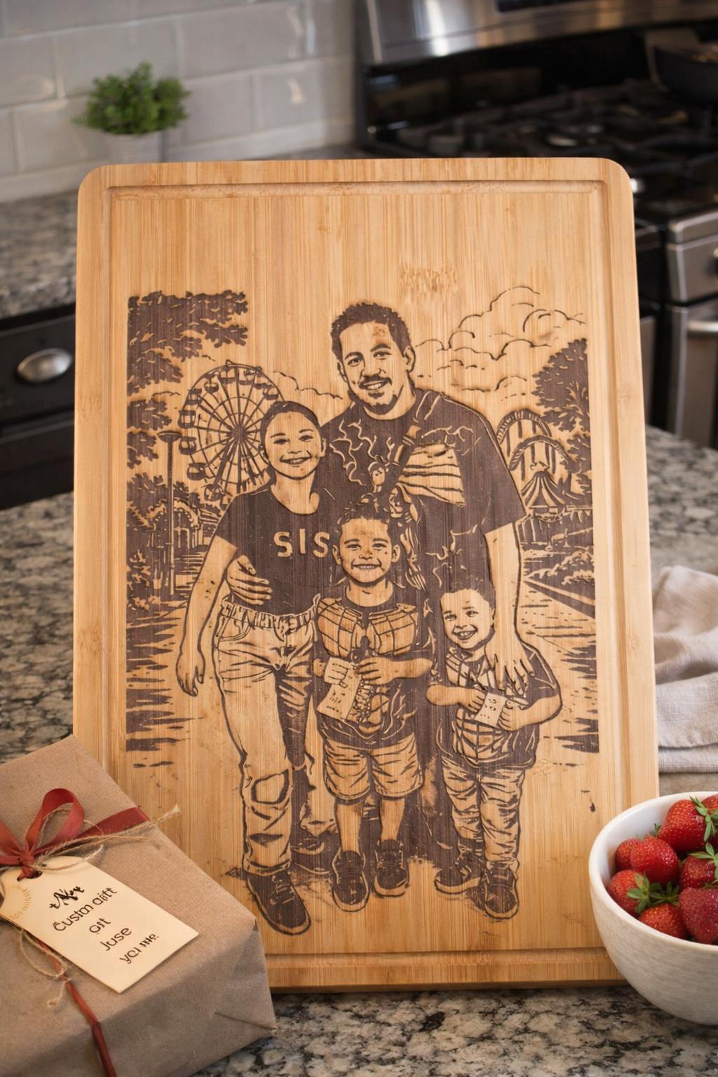 Custom Photo Engraved Bamboo Cutting Board | Personalized Family Keepsake Gift
