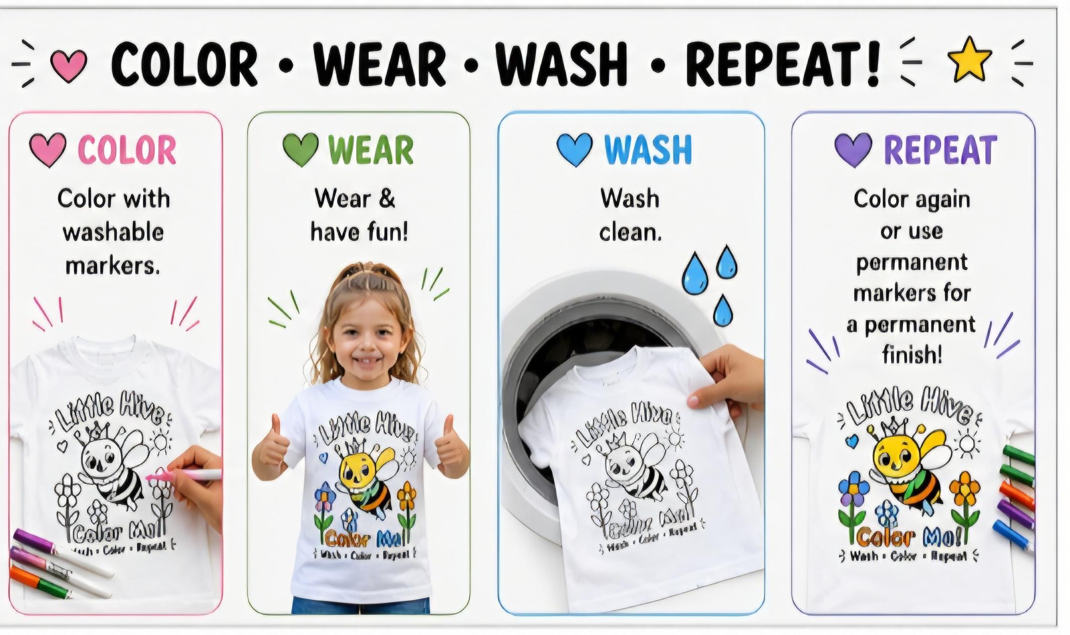 Color Your Own Kids T-Shirt – Washable Coloring Shirt – Reusable Coloring Tee for Kids – Little Hive Bee Shirt – Interactive Kids Activity S