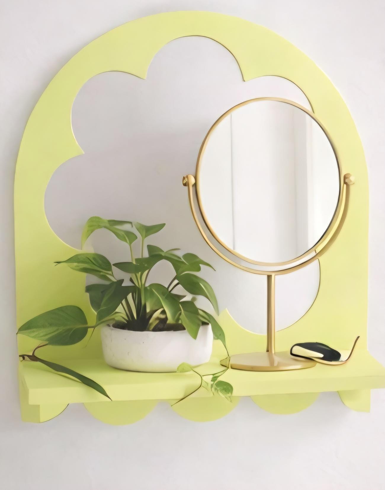 Scalloped Arch Wall Shelf | Modern Minimalist Plant Decor, Light Green Wood Accent (10" x 12")