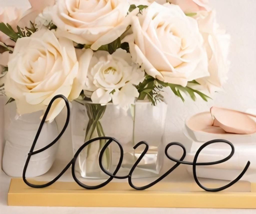 Minimalist Wire LOVE Sign | Black Metal Script, Natural Wood Base Decor
