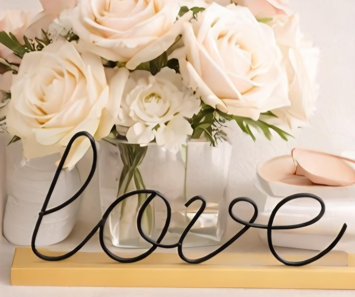 Minimalist Wire LOVE Sign | Black Metal Script, Natural Wood Base Decor