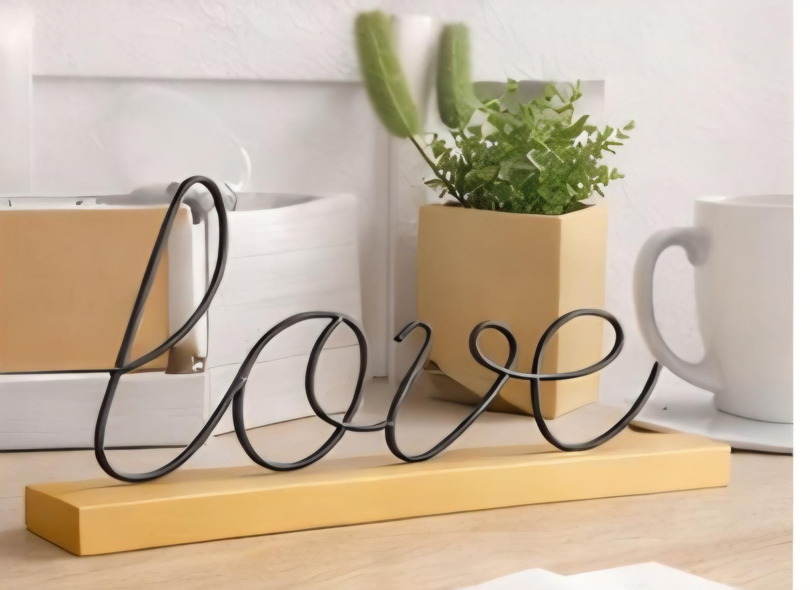 Minimalist Wire LOVE Sign | Black Metal Script, Natural Wood Base Decor