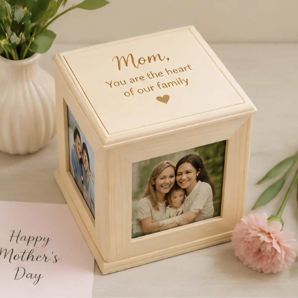 Personalized Wooden Photo Box for Mom | Custom Engraved Memory Cube | Mother’s Day Gift | Picture Keepsake Box | Gift for Mom from Daughter
