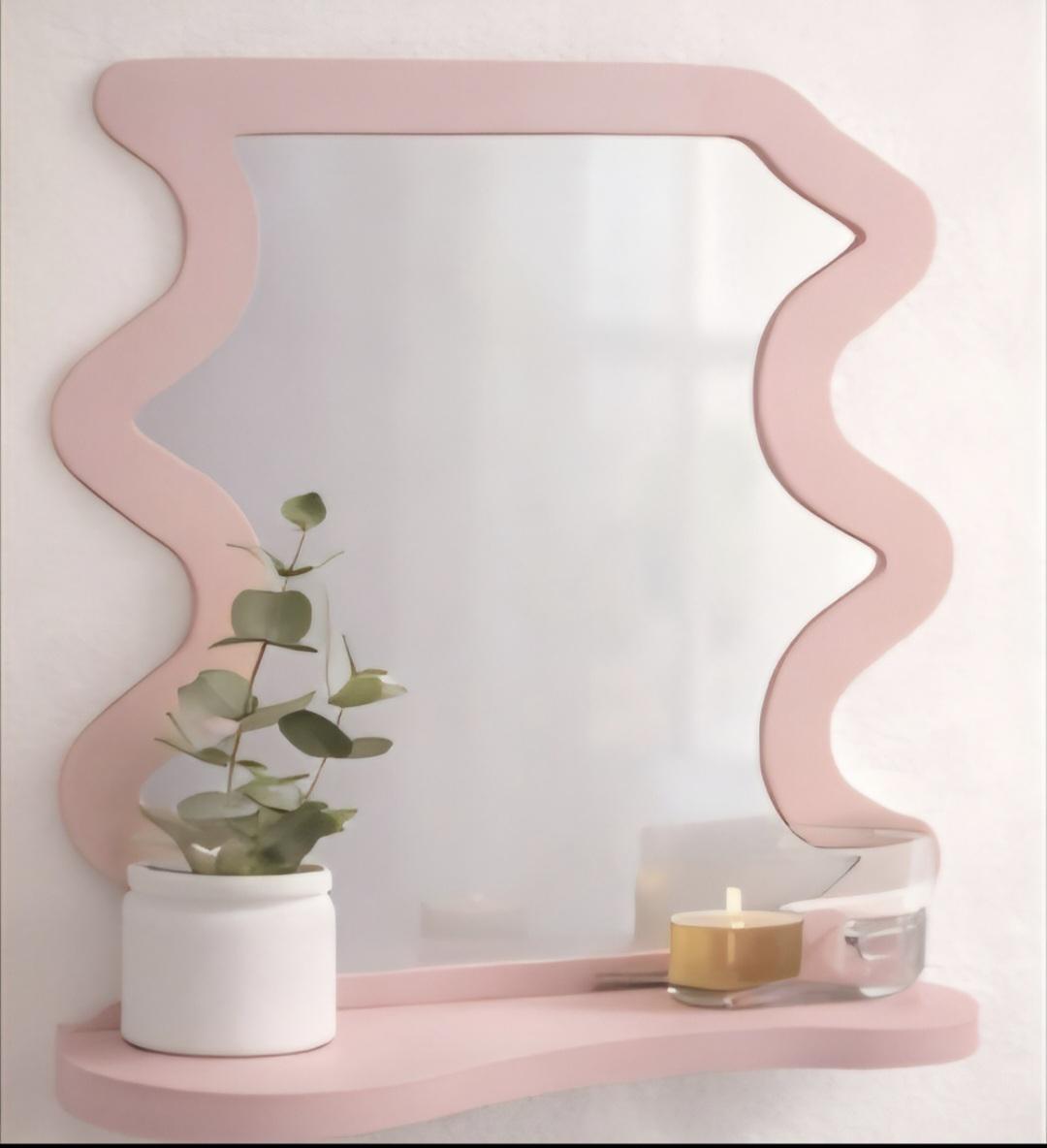 Pink Wavy Mirror Shelf | Reflective Vanity Accent Decor