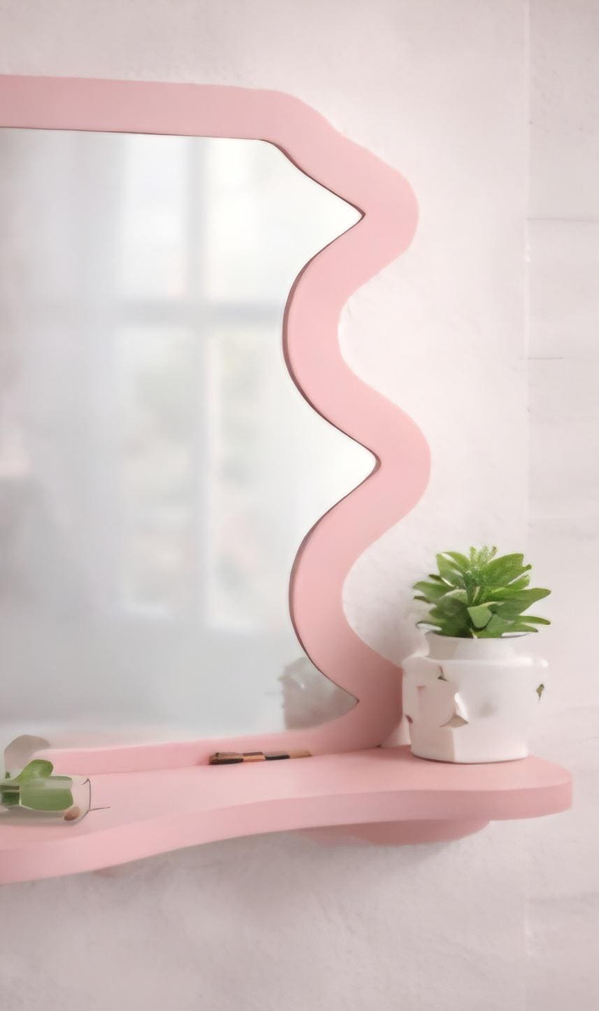 Pink Wavy Mirror Shelf | Reflective Vanity Accent Decor