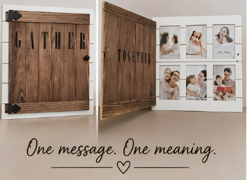 Rustic Wood Hidden Photo Frame – “Gather Together” Farmhouse Family Decor