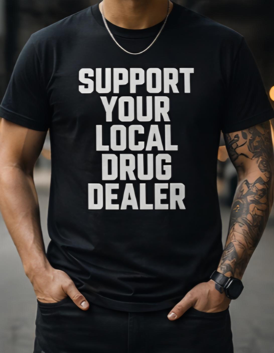 Funny Adult Humor T-Shirt – Support Your Local Drug Dealer Shirt – Edgy Graphic Tee – Sarcastic Humor Shirt – Gag Gift Tee – Unisex Funny