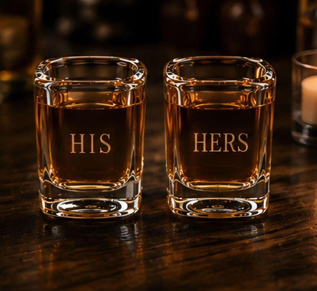 Personalized His n Hers Engraved Shot Glass Set | Custom Couples Barware | Square Whiskey Shot Glasses | Wedding & Anniversary Gift