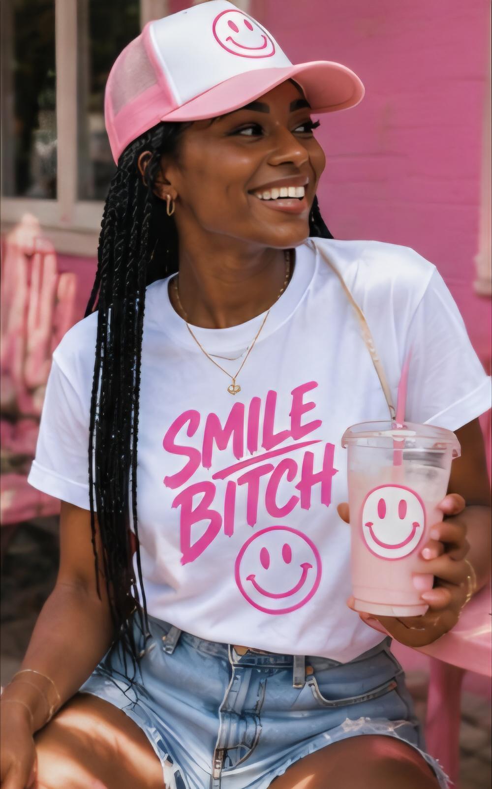 Smile Bitch Matching Set | Pink Trucker Hat & Graphic Tee Combo | Funny Matching Outfit | Cute Summer Outfit | Women’s Statement Tee Set