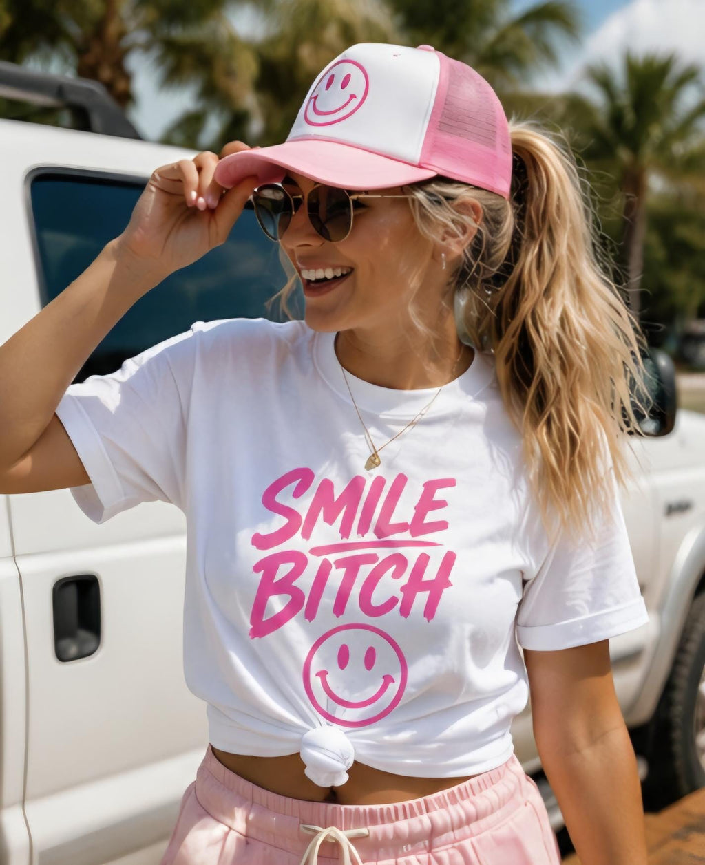 Smile Bitch Matching Set | Pink Trucker Hat & Graphic Tee Combo | Funny Matching Outfit | Cute Summer Outfit | Women’s Statement Tee Set