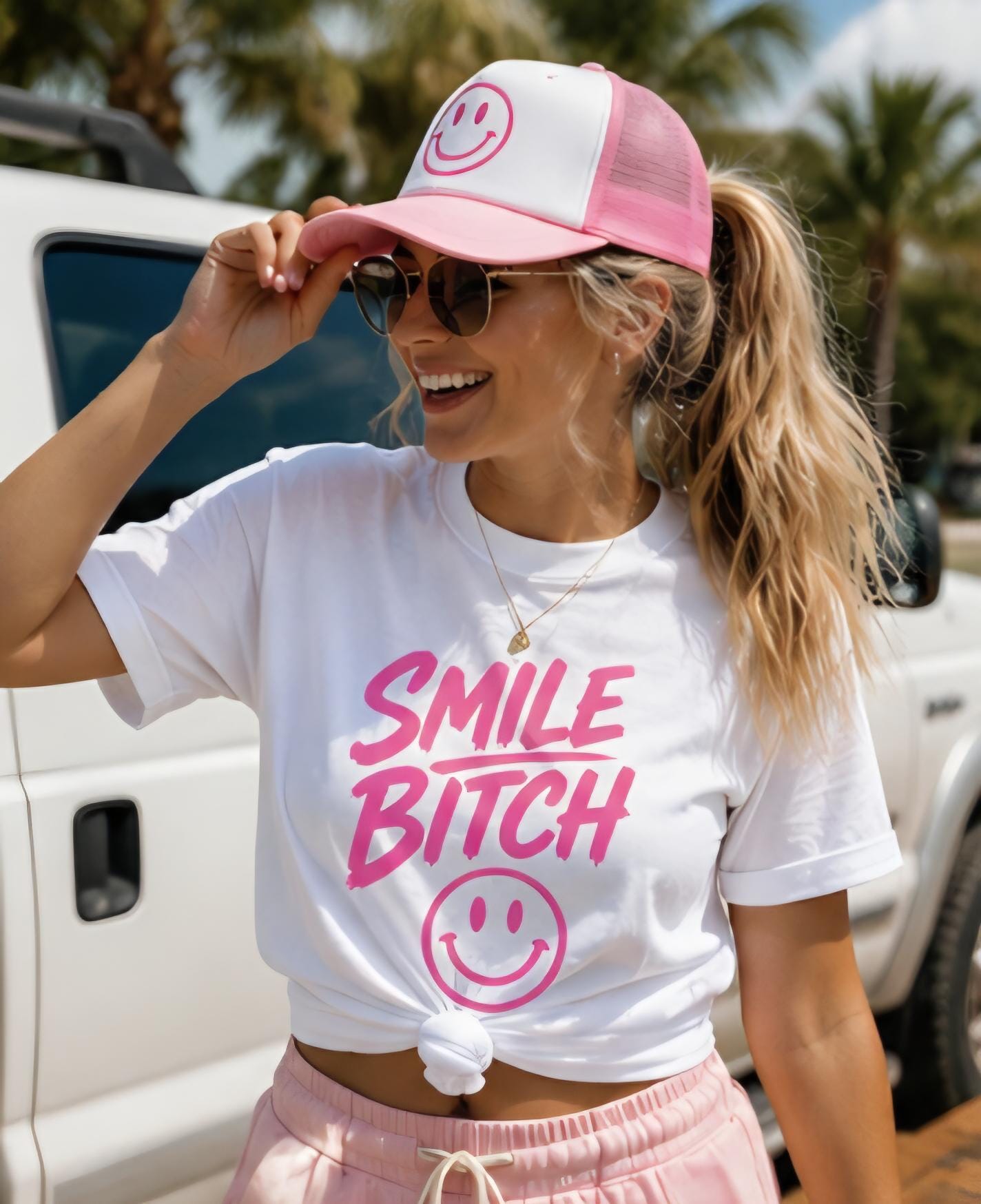 Smile Bitch Matching Set | Pink Trucker Hat & Graphic Tee Combo | Funny Matching Outfit | Cute Summer Outfit | Women’s Statement Tee Set