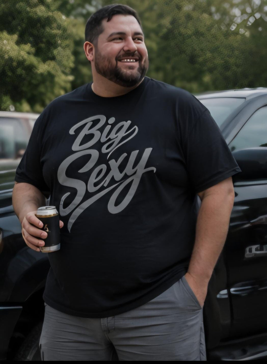 Big Sexy Men’s Graphic T-Shirt – Funny Plus Size Confidence Shirt – Silver Vinyl Style Tee – Big Guy Fashion – Gift for Him