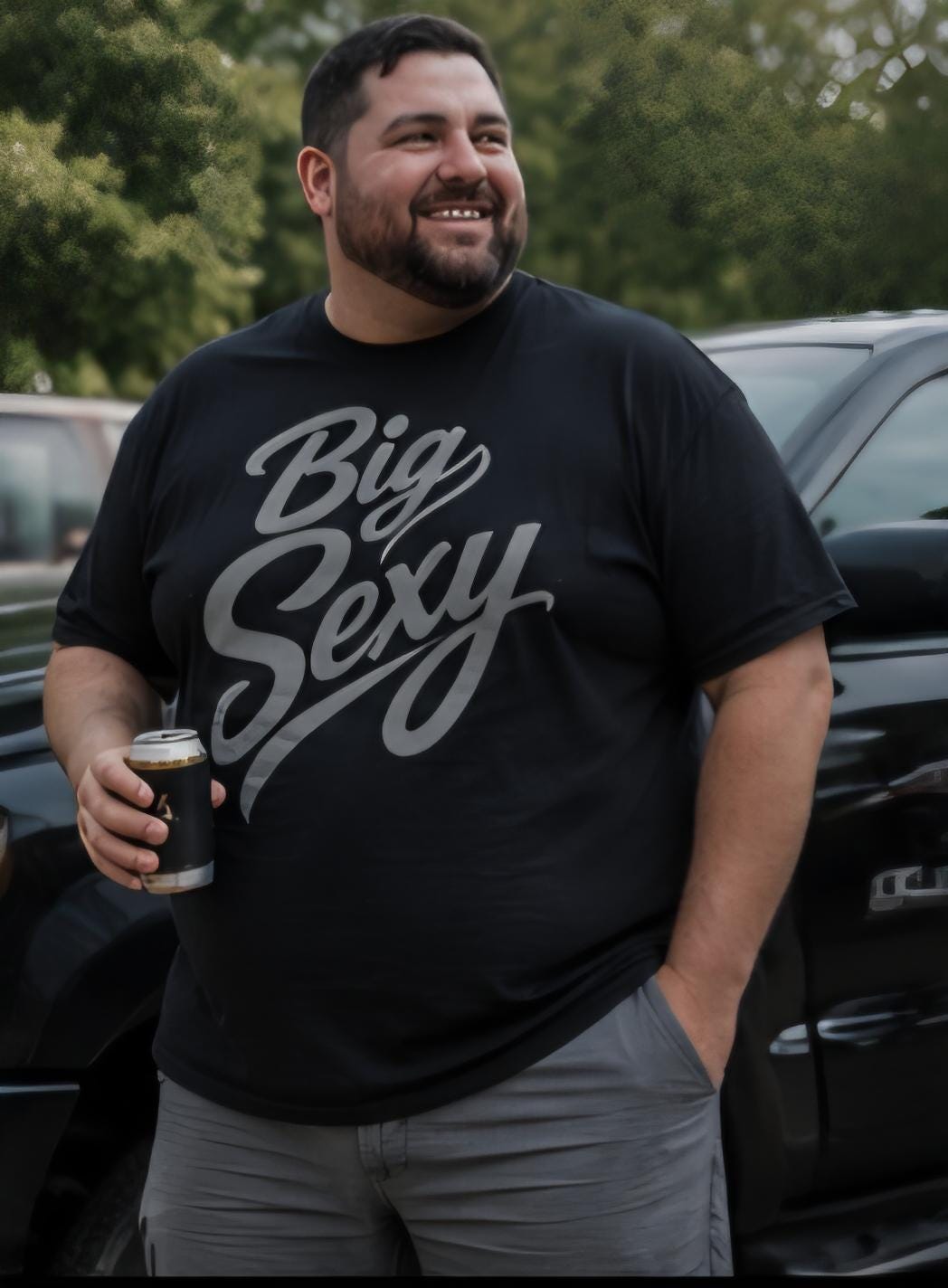 Big Sexy Men’s Graphic T-Shirt – Funny Plus Size Confidence Shirt – Silver Vinyl Style Tee – Big Guy Fashion – Gift for Him