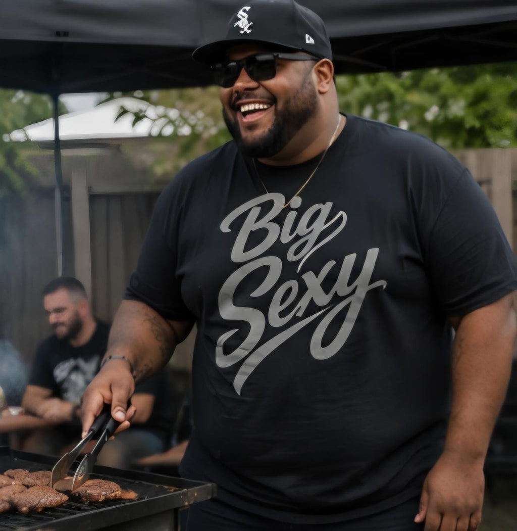 Big Sexy Men’s Graphic T-Shirt – Funny Plus Size Confidence Shirt – Silver Vinyl Style Tee – Big Guy Fashion – Gift for Him