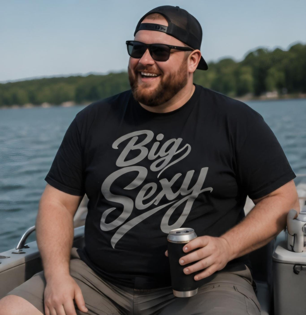 Big Sexy Men’s Graphic T-Shirt – Funny Plus Size Confidence Shirt – Silver Vinyl Style Tee – Big Guy Fashion – Gift for Him