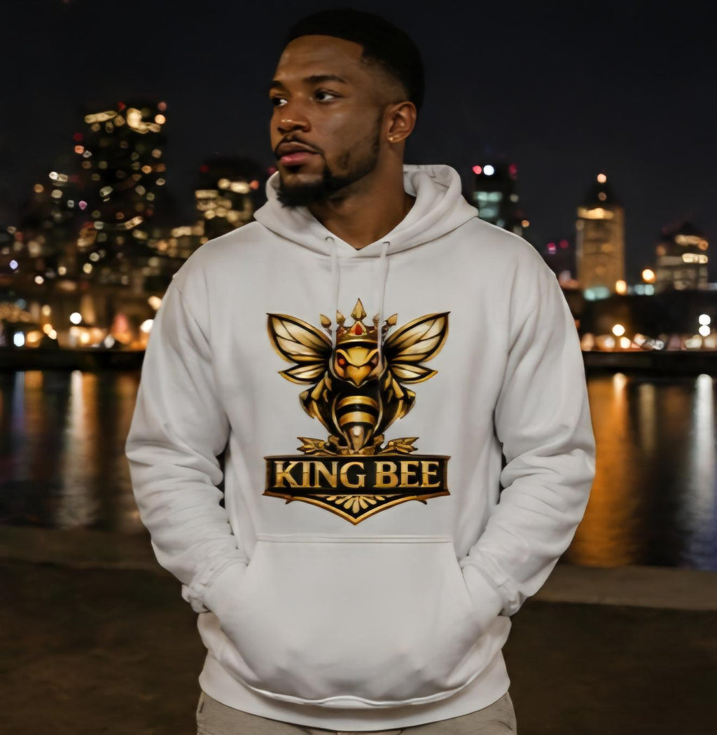 King Bee Hoodie White – Gold Crown Bee Logo Pullover – Luxury Streetwear Statement