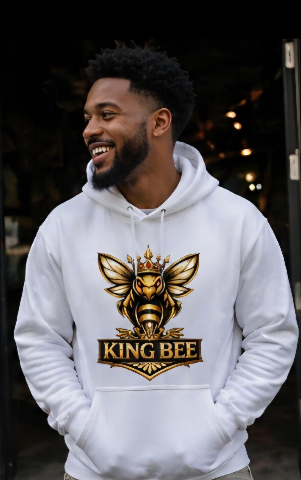 King Bee Hoodie White – Gold Crown Bee Logo Pullover – Luxury Streetwear Statement