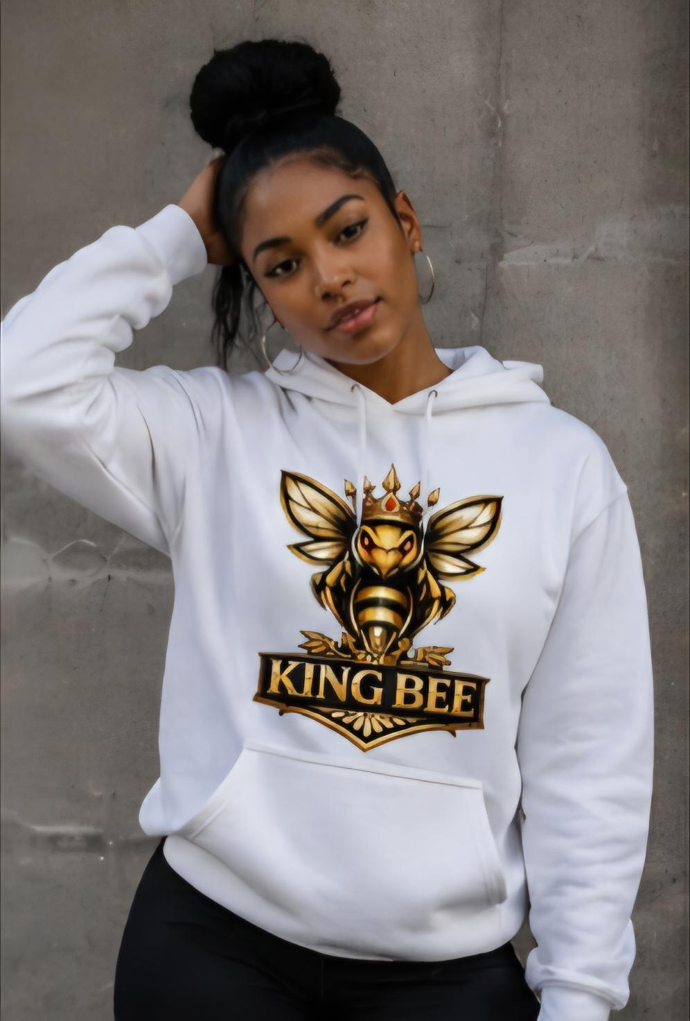 King Bee Hoodie White – Gold Crown Bee Logo Pullover – Luxury Streetwear Statement