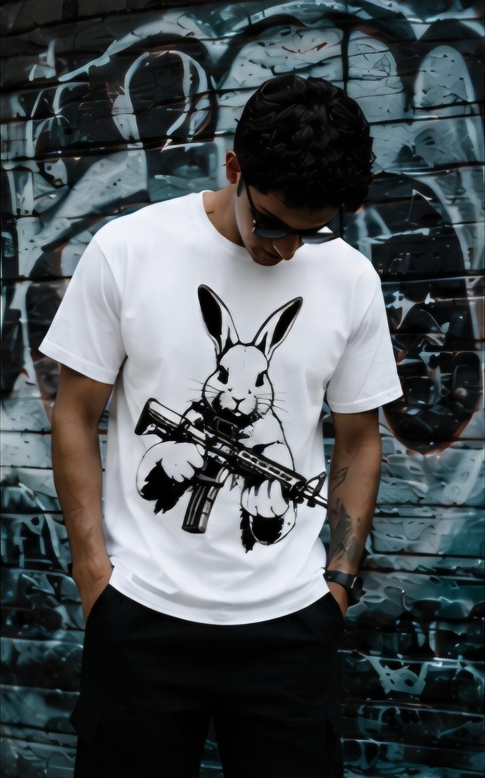 Rabbit With AR Shirt | Streetwear Graphic Tee | Urban Bunny Shirt | Black & White Streetwear | Killa Bee Apparel | Graphic Tee