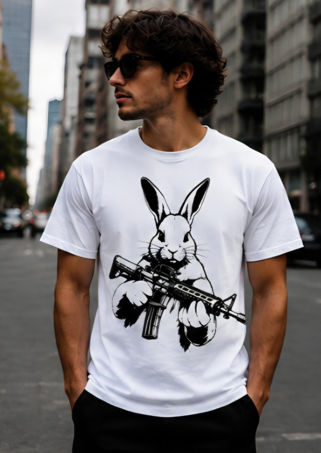 Rabbit With AR Shirt | Streetwear Graphic Tee | Urban Bunny Shirt | Black & White Streetwear | Killa Bee Apparel | Graphic Tee