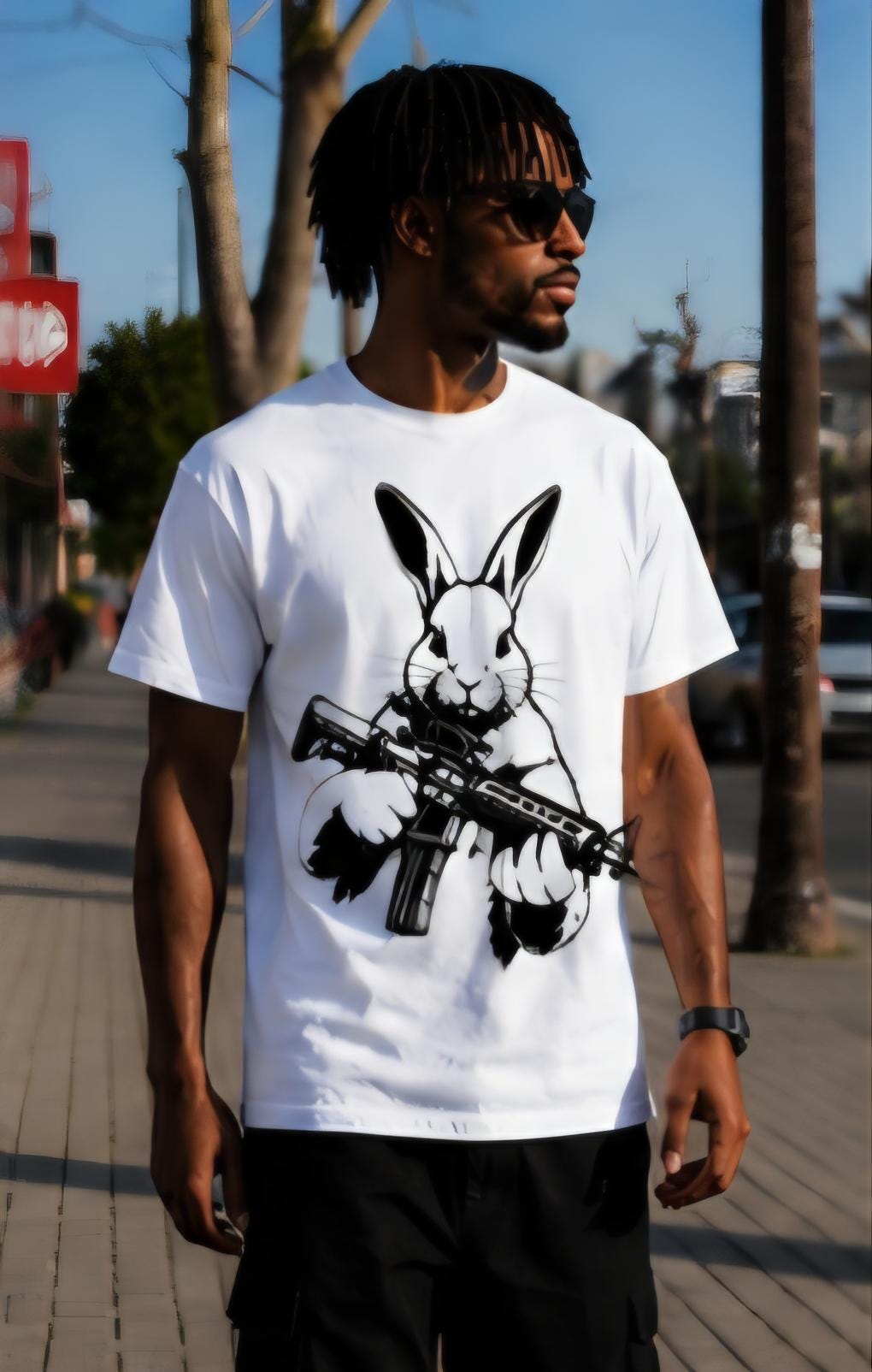 Rabbit With AR Shirt | Streetwear Graphic Tee | Urban Bunny Shirt | Black & White Streetwear | Killa Bee Apparel | Graphic Tee
