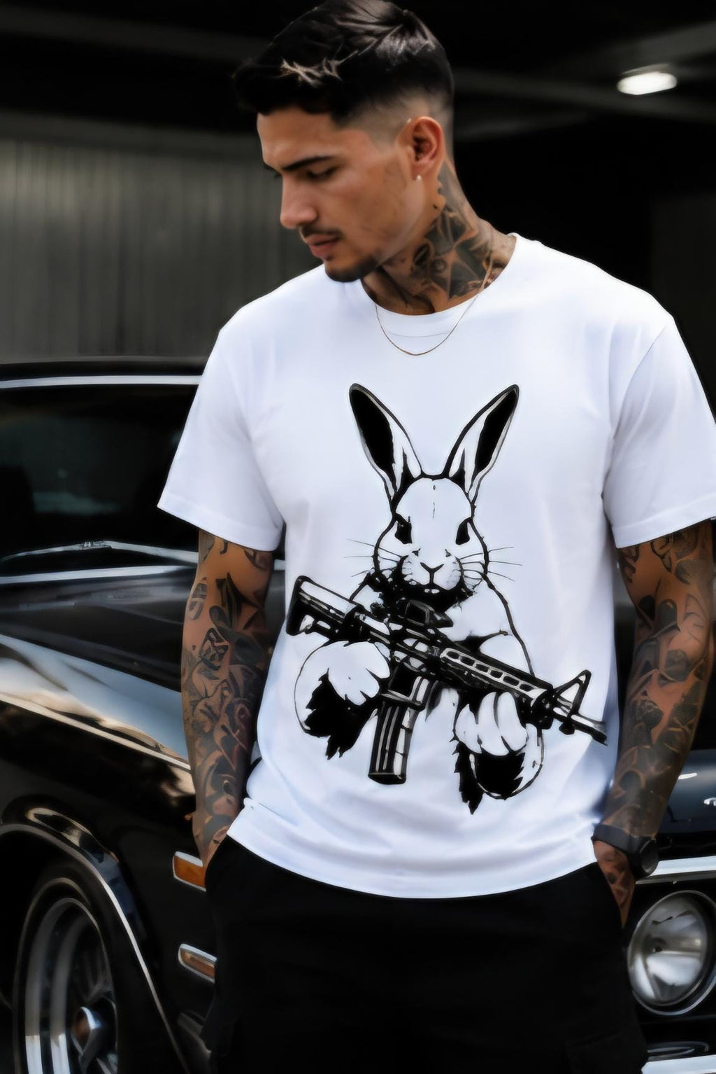 Rabbit With AR Shirt | Streetwear Graphic Tee | Urban Bunny Shirt | Black & White Streetwear | Killa Bee Apparel | Graphic Tee