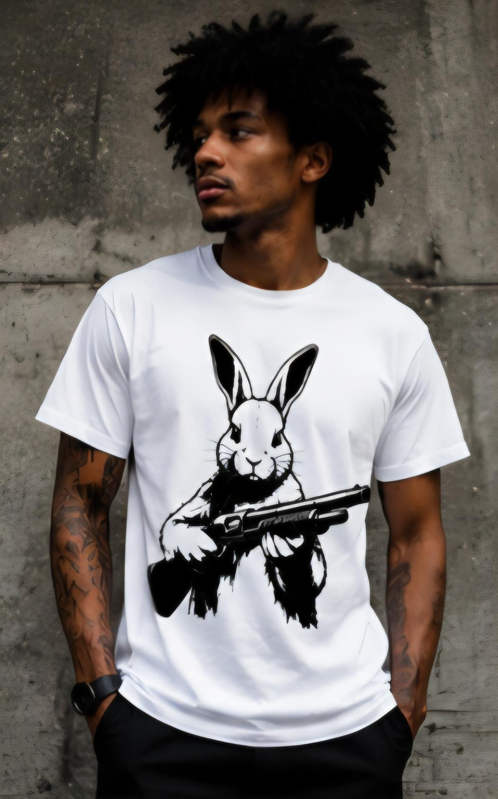 Rabbit With Shotgun Shirt | Streetwear Graphic Tee | Urban Bunny Shirt | Black & White Graphic Tee | Killa Bee Apparel | Streetwear Fashion