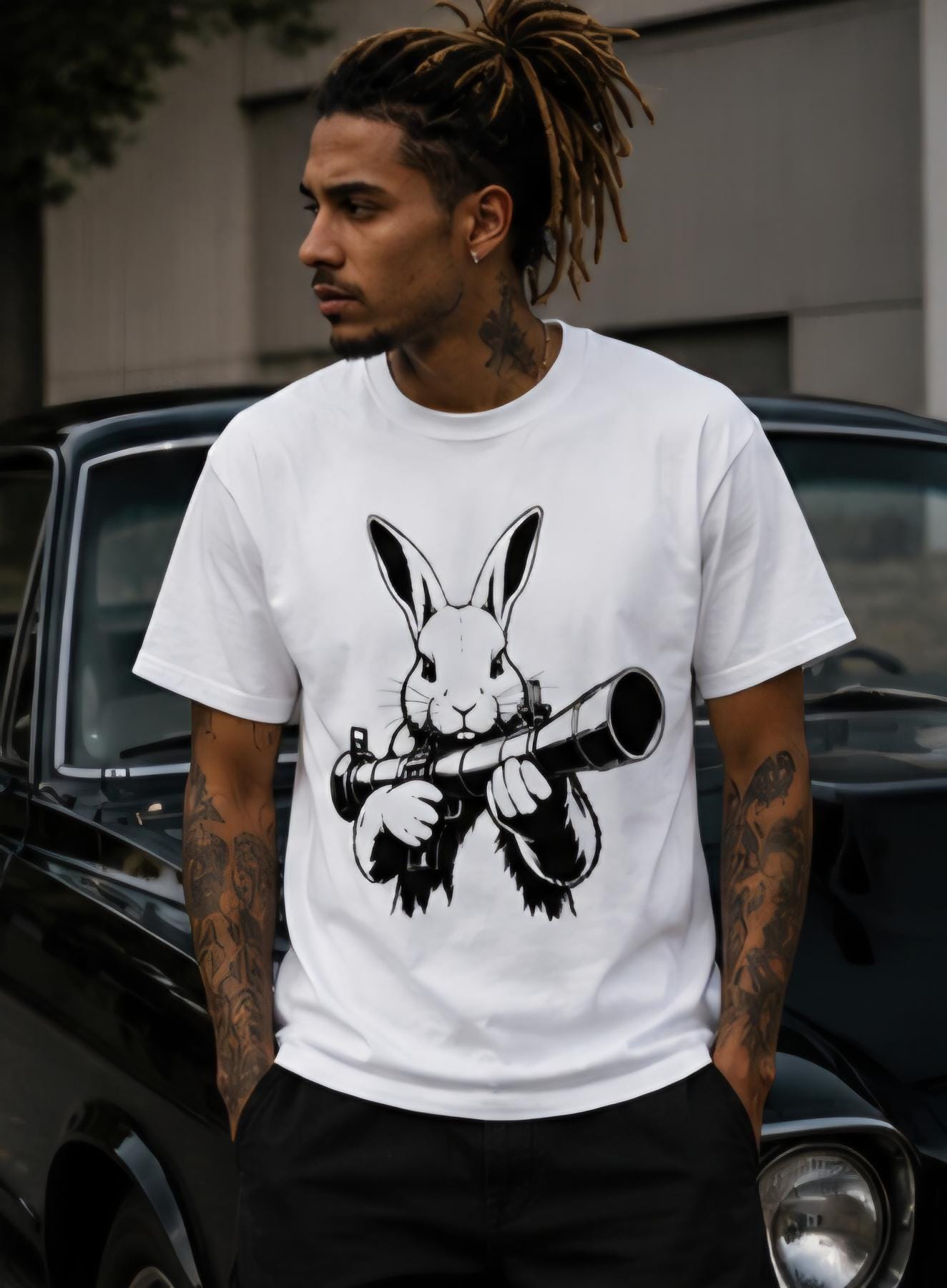 Rabbit With Bazooka Shirt | Streetwear Graphic Tee | Urban Bunny Shirt | Black & White Graphic Tee | Killa Bee Apparel | Streetwear Fashion