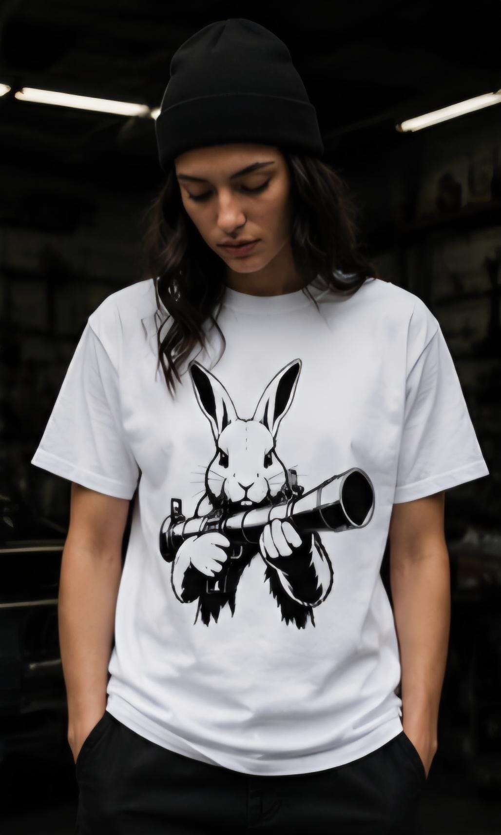 Rabbit With Bazooka Shirt | Streetwear Graphic Tee | Urban Bunny Shirt | Black & White Graphic Tee | Killa Bee Apparel | Streetwear Fashion