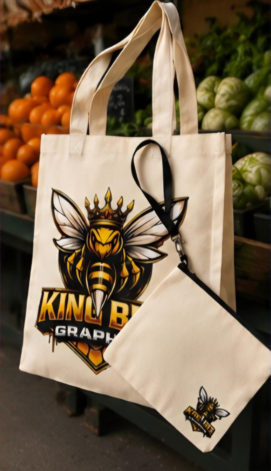 King Bee Beach Bag Set | Canvas Tote Bag with Matching Zipper Pouch | Beach Tote | Travel Bag | Poolside Tote | Vacation Essentials